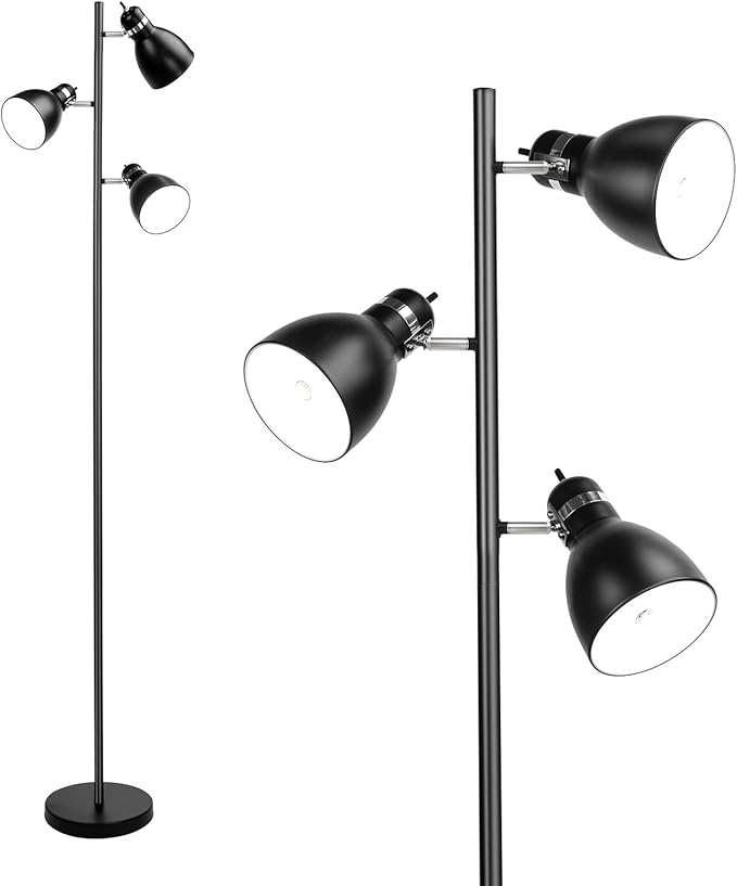 FIRVRE Modern Tree Floor Lamp for Living Room,Industrial 3-Light Standing Lamp, Black Adjustable Rotation Heads, Standing Tall Pole Lamp Farmhouse Rustic Reading Lamps for Bedroom Office