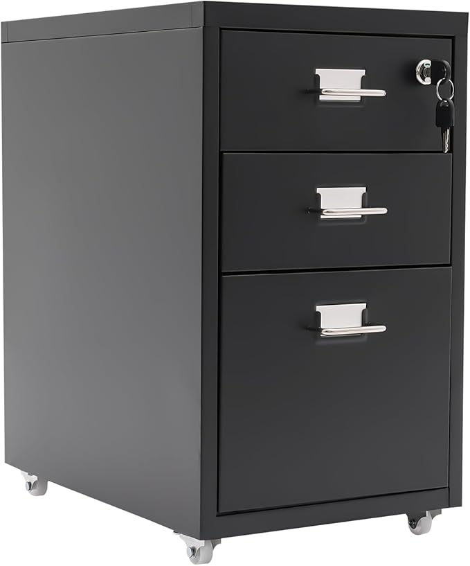 Vertical File Cabinets | 3 Drawer File Cabinet with Wheels| Steel Lockable Storage Cabinets | Metal S-torage Cabinet for Home Office | Storage A4/F4/Letter/Legal (Black-3 Drawers)