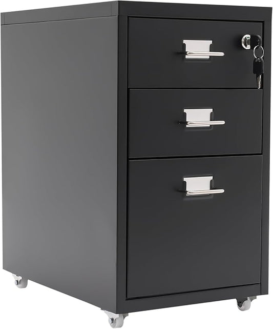 Vertical File Cabinets | 3 Drawer File Cabinet with Wheels| Steel Lockable Storage Cabinets | Metal S-torage Cabinet for Home Office | Storage A4/F4/Letter/Legal (Black-3 Drawers)