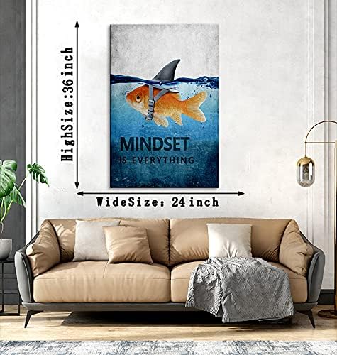 Inspiration Office Canvas Wall Art Posters Goldfish Pictures Big Shark Canvas Painting Mindset is Everything Print Poster Home Decor for Guest Room Bar, Framed 24" W x 36" H