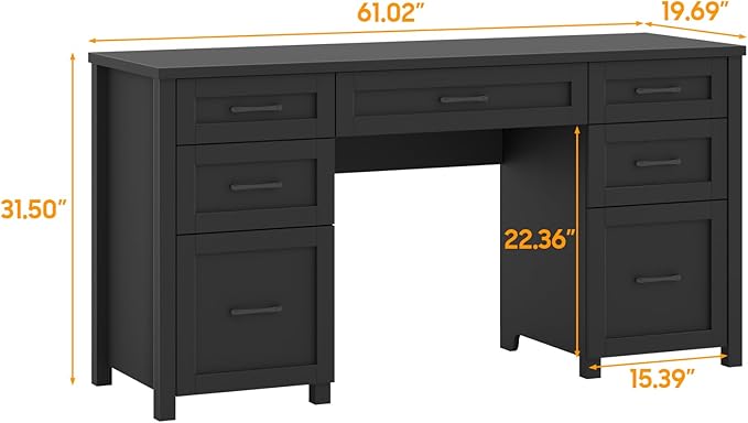 Vabches Farmhouse 61'' Executive Desk with 5 Drawers, Rustic Office Desk Computer Desk with File Drawers and Storage Cabinet, Wood Workstation for Home Office and Study(Black)