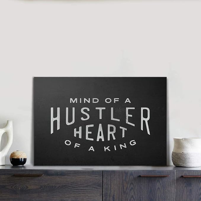 Mind Of A Hustler Heart Of A King - Inspirational Contemporary Entrepreneur Quotes Canvas Wall Art Black and White Motivational Framed Artwork HD Print Easy to Hang-16x12 inches