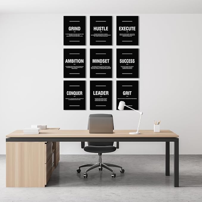 COSCTOR Set of 9 Motivational Wall Art Decor Inspirational Posters Quotes Framed Canvas Pictures Grind Hustle Execute for Workplace Office Garage Gym Classroom Bedroom(Framed,12x16)