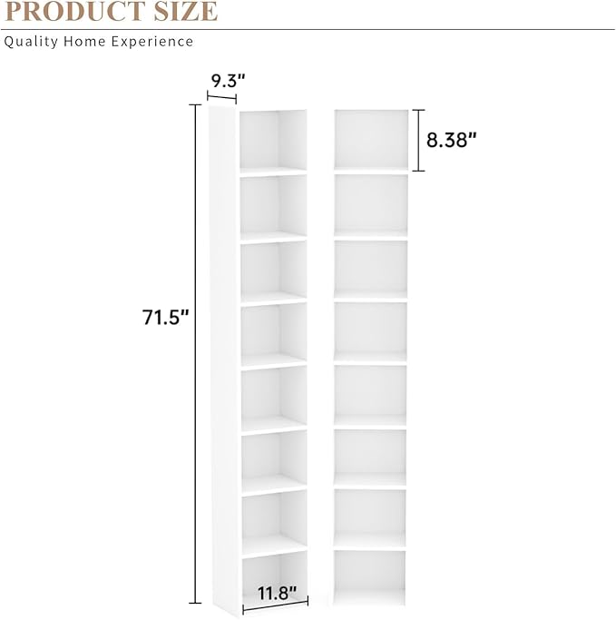 Narrow Bookshelf & Bookcase Set of 2, 8-Tier Floor Standing Open Book Shelf, Modern Corner Bookshelf with Storage Space, 71.5" Tall Bookshelves for Bedroom, Living Room and Office, White