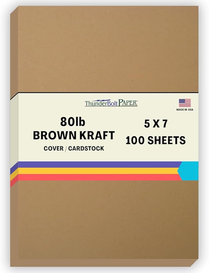 100 Brown Kraft Fiber 80# Cover Paper Sheets - 5" X 7" (5X7 Inches) Photo|Card|Frame Size - Rich Earthy Color with Natural Fibers - 80lb/pound Cardstock - Smooth Finish