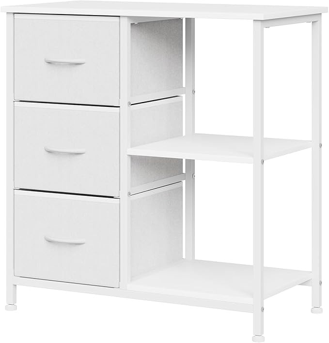 Garvee 3 Drawer File Cabinet, Printer Stand with 2 Open Storage Shelves, Fabric Filing Cabinet Under Desk Office Organizer for Home Office, Modern Storage Solution, White