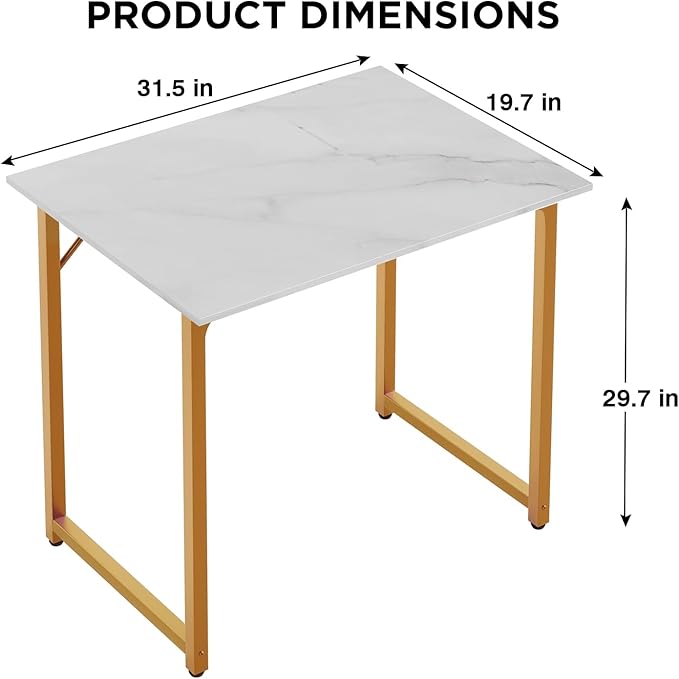 Dkelincs 32 Inch Small Computer Desk Home Office Desk Writing Desk Modern Simple Style Study Work Table with Metal Frame, Easy Assembly, Adjustable Feet, Water-Resistant, Scratchproof Surface, Gold