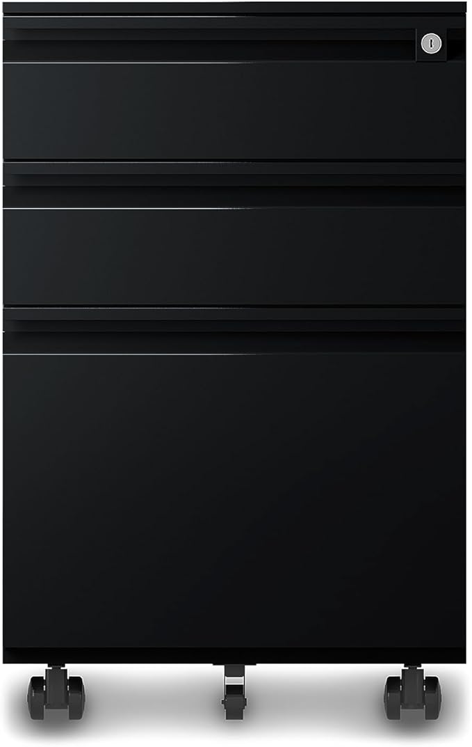 3-Drawer Mobile File Cabinets Rolling ，Vertical Metal Filing Cabinet for Legal & Letter File Anti-tilt Design with Lock Under Desk Office Drawers Fully Assembled (Black)