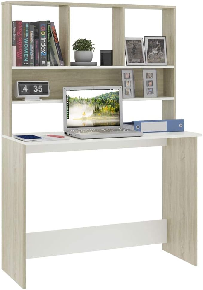 Modern Computer Desk Writing Study Table with Upper Cabinet, Home Office Student Table Laptop PC Writing Desk Home Office Writing Desk, White and Sonoma Oak 43.3"x17.7"x61.8"