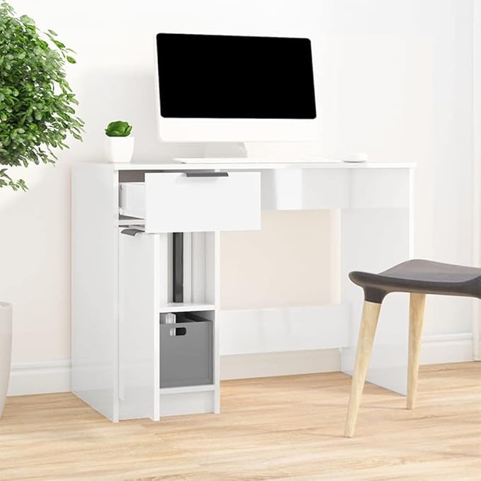 Computer Writing Desk,Sturdy Home Office Desk,Reception Desk,for Bedroom, Living Room, Study,Desk High Gloss White 39.4"x19.7"x29.5" Engineered Wood