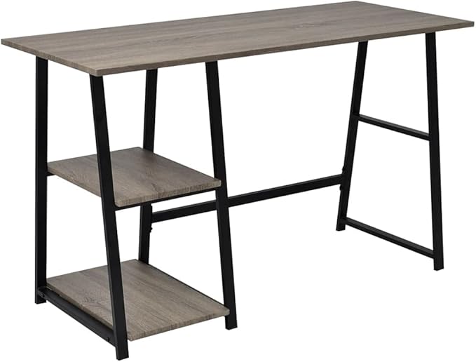 Writing Table Computer Desk, Home Office Study Desk with 2-Tier Shelves, Industrial Simple Style PC Gaming Desk Workstation for PC Laptop Notebook, Gray