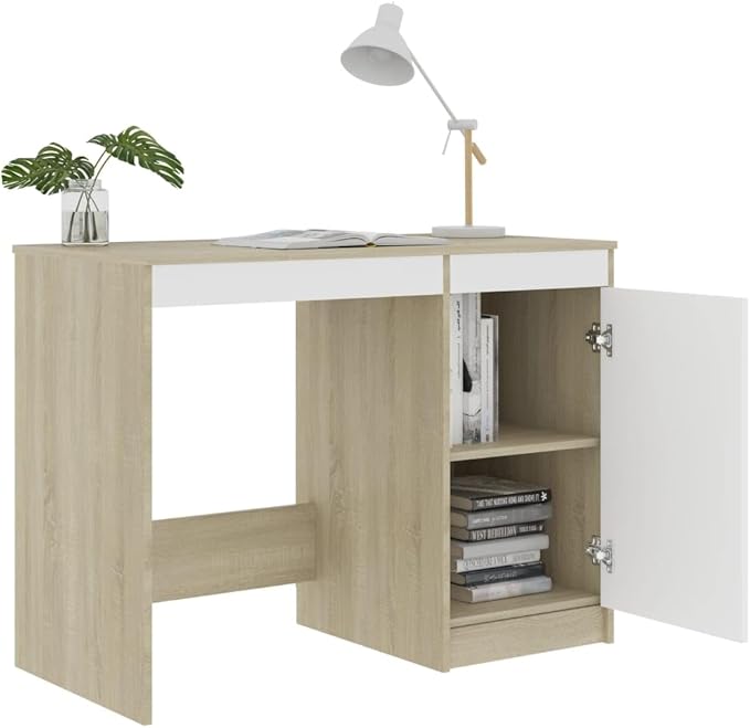 Modern Writing Computer Desk, Home Office Desk Writing Study Table PC Desk Workstation for Bedroom, White and Sonoma Oak 39.4"x19.7"x29.9" Engineered Wood(J)