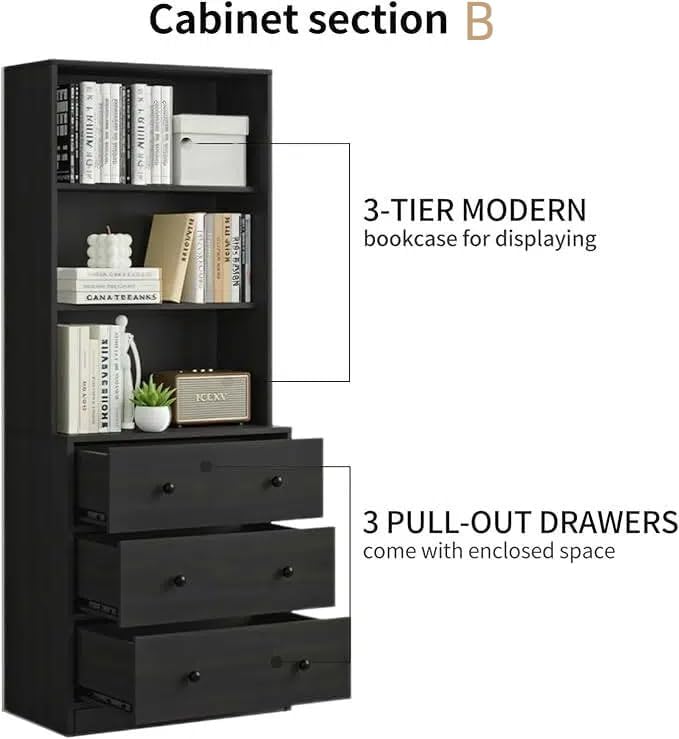 TUSY 71" H Bookshelf with Storage, 6-Tier Modern Bookshelves with 3 Large Drawer, Display Bookcase with Glass Doors, Modern 5-Tier Curio Cabinet for Home Office, Dining Room (Black, BAB)