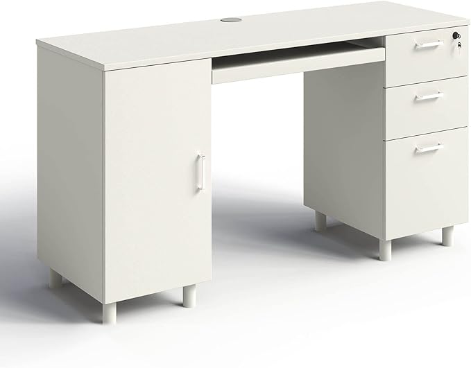 Modern Design Venice Computer Office Desk with 3 Locking Drawers and Storage Cabinet, 53 Inch Home and Office Executive White Desk with Keyboard Tray by Crafts and Comfort