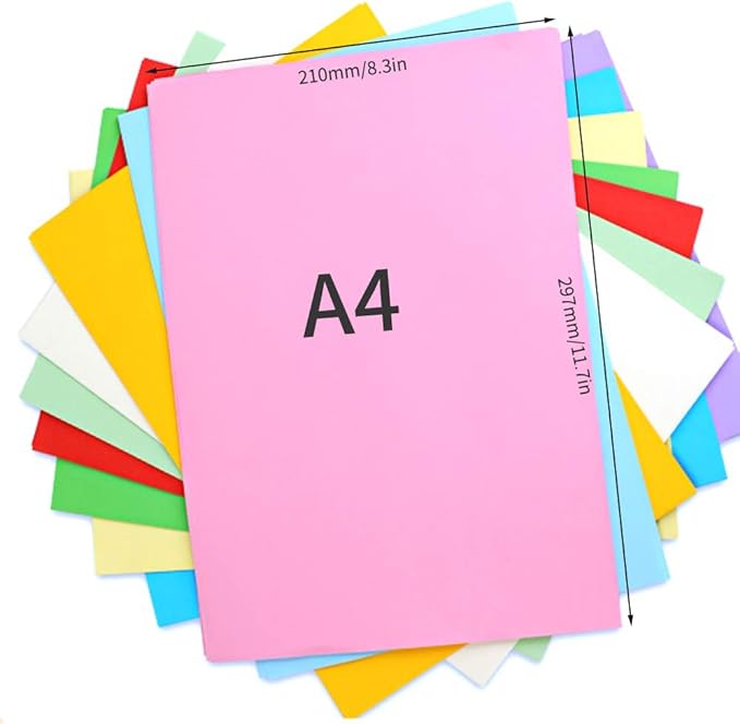 A4 Color Copy Paper - 100 Sheets - 70 GSM - 210 x 297 mm or 8.3 x 11.7 Inches - Multi Color Media for Printing Writing and Arts - Suitable for Printers and Copiers (10 Colors Mix)