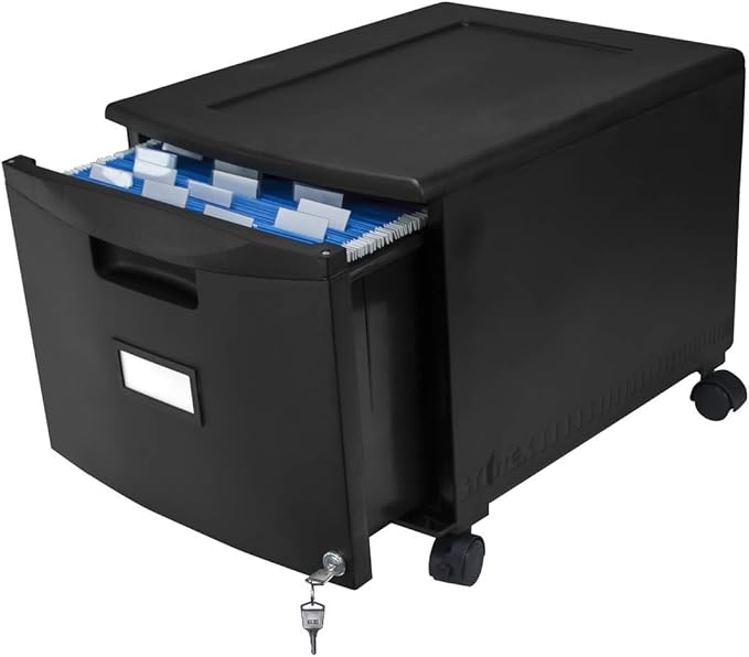 Storex Plastic One-Drawer File Cabinet – Locking Document Organizer with Casters for Home and Office, Black, 1-Pack (61264A01C)