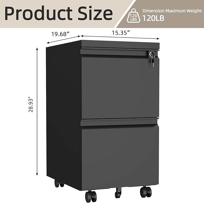 [Fully Assembled] 2 Drawer Lockable Metal File Cabinet on Wheels, Mobile Under Desk Filing Cabinet with Printer Stand, Home Office Storage Cabinet (Black, 2 Drawer)