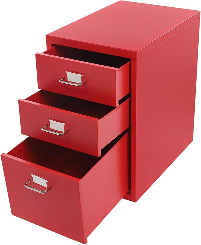Filing Cabinet with 3 Drawers, Mobile Filing Cabinet with Practical Label Slot, 16 * 11 * 18.9 in Metal Storage Cabinet with Wheels for Home and Office (Red)