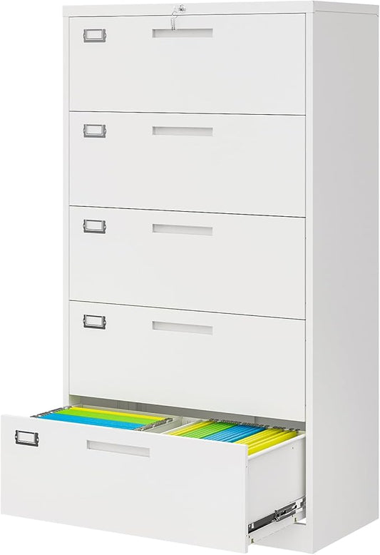5 Drawer Lateral File Cabinet with Lock, Metal Filing Cabinets for Home Office, Wide Locking File Caninets, White Office Storage Cabnet for Hanging Letter/Legal / A4 / F4 - Assembly Required