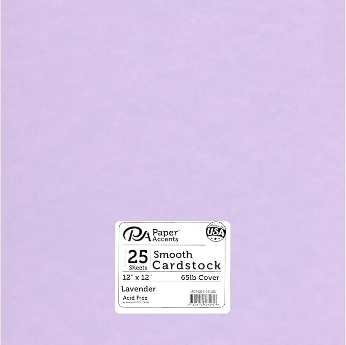 PA Paper Accents Cardstock Pack 12" x 12" Lavender, Smooth, 65lb colored cardstock paper for card making, scrapbooking, printing, quilling and crafts, 25 pieces
