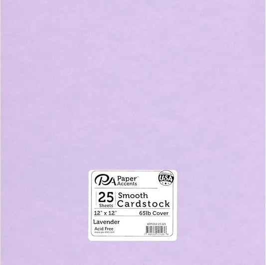 PA Paper Accents Cardstock Pack 12" x 12" Lavender, Smooth, 65lb colored cardstock paper for card making, scrapbooking, printing, quilling and crafts, 25 pieces