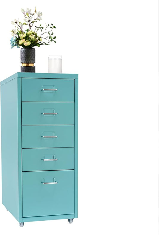 Metal File Storage Cabinet, 5 Drawer Vertical Filing Cabinets with Wheels Under Desk Storage Drawers, 11 * 16.1 * 27.1in Mobile File Cabinets Under Desk Cabinet for Bedroom, Office (Blue)
