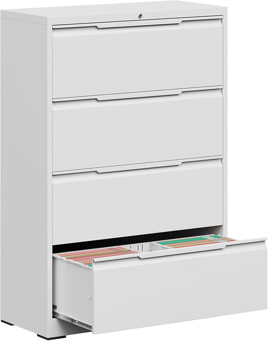 Coolsun Metal File Cabinet with Lock, 4 Drawer File Cabinet for Home Office, Lockable Lateral Filing Cabinet for A4/F4/Lagel/Letter Assembly Required (White, 4 Drawer Lateral)