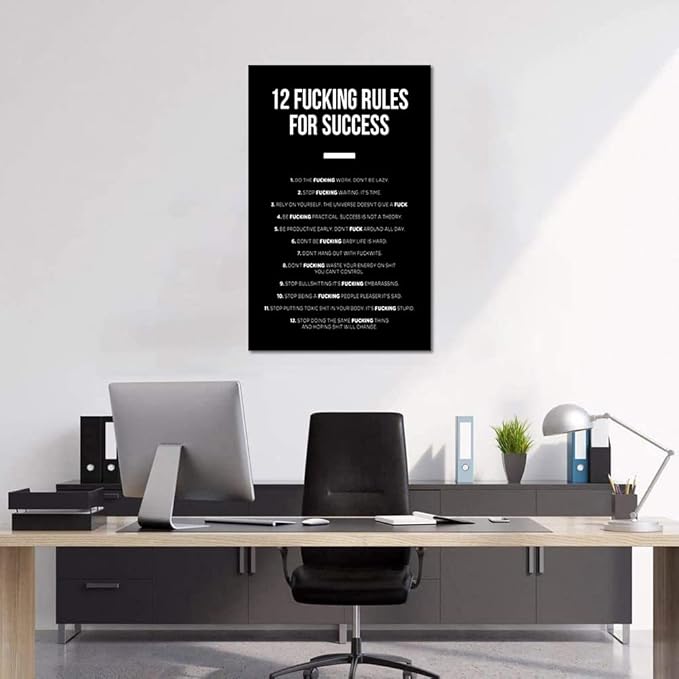 Motivational Wall Art 12 Fucking Rules for Office Wall Decor Inspirational Quotes Poster Success Entrepreneur Art Black and White Paintings Picture Success, Framed 28 x 44 in