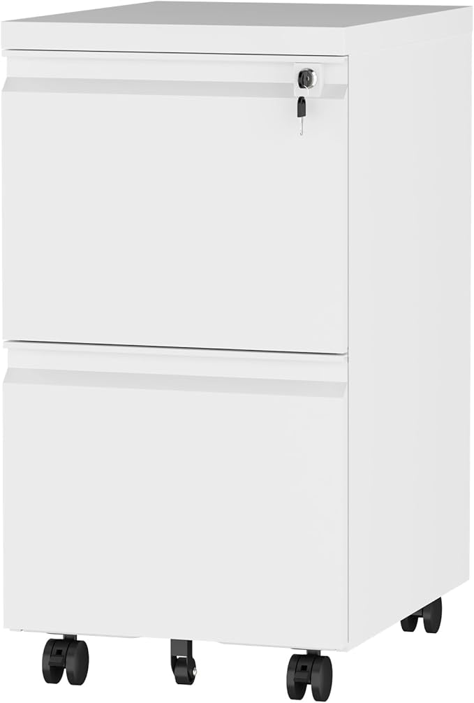 2 Drawer File Cabinet with Lock,Metal Filing Cabinet with Wheel,White Rolling File Cabinets,Moblie Under Desk Office Cabinets for Home Office,Fit A4/Letter/Legal