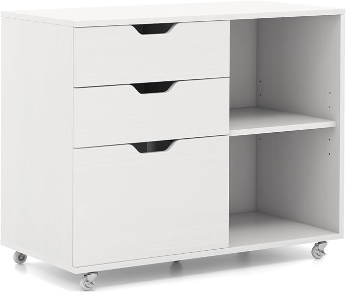 3 Drawer File Cabinet, Wood Lateral Filing Cabinet for Hanging Letter, A4, Legal Size, Rolling Printer Stand with Adjustable Shelf, Under Desk Storage for Home Office (White)