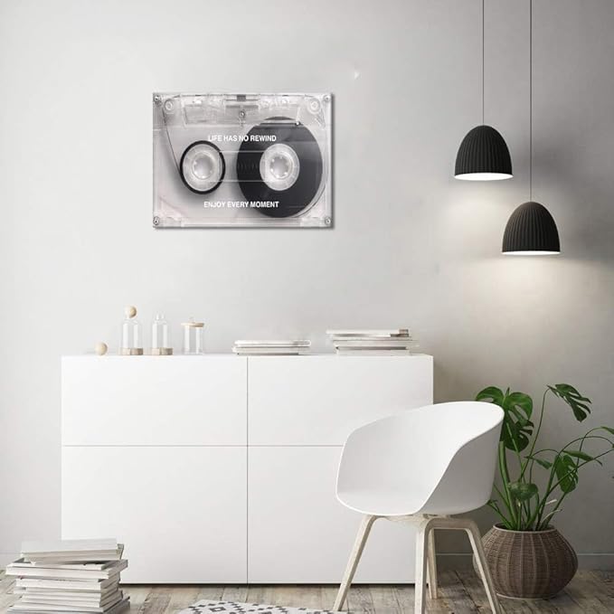Yatsen Bridge Black and White Music Wall Art with Life Has No Rewind Enjoy Every Moment Motivation Words,Pop Culture Abstract Cassette Wall Painting Stretched and Framed Ready to Hang-18"X24"