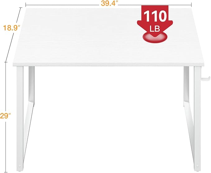 Casaottima 40 Inch Small Computer Desk for Home Office, Study Writing Table for Small Spaces, Simple Modern Desk with Headphone Hooks, White