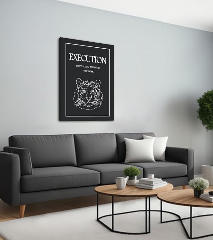 Motivational Execution Wall Art - InspirationalCanvas Print with Tiger Line Drawing, STOP TALKING AND PUT IN THE WORK Quote Poster, Black and White Wall Decor for Office Home Gym, Framed 24"x36"
