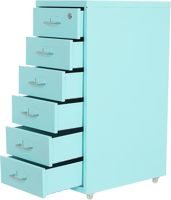 Vertical File Cabinets | 3 Drawer File Cabinet with Wheels| Steel Lockable Storage Cabinets | Metal S-torage Cabinet for Home Office | Storage A4/F4/Letter/Legal (Light Blue-6 Drawers)