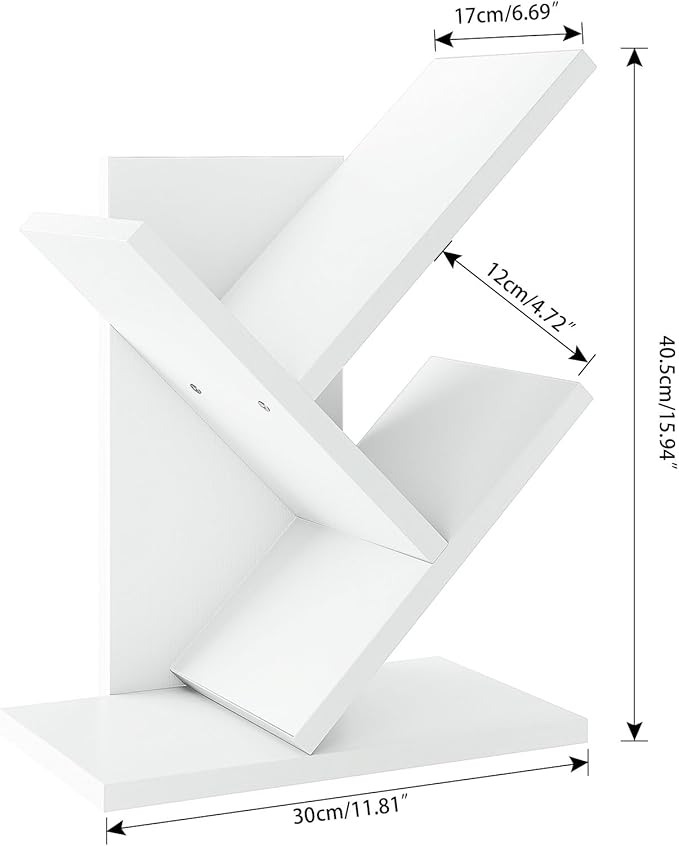 YMYNY 2 Tier Modern Wood Tree Bookshelf, Small Bookcase, Freestanding Book Shelf for Books/Movies/CDs, Display Rack for Bedroom, Home Office, White UHBC012W