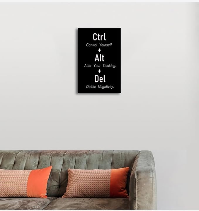 Motivational Poster CTRL ALT DEL Signs Inspirational Wall Decor Positive Mental Health Quotes Printed Canvas Poster For Office Home Bedroom Framed [12" W X 18" H]