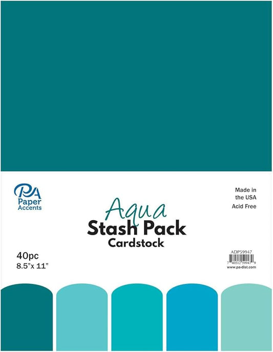 PA Paper Accents Stash Pack Cardstock Pack 8.5" x 11" Aqua, colored cardstock paper for card making, scrapbooking, printing, quilling and crafts, 65lb., 40 pieces