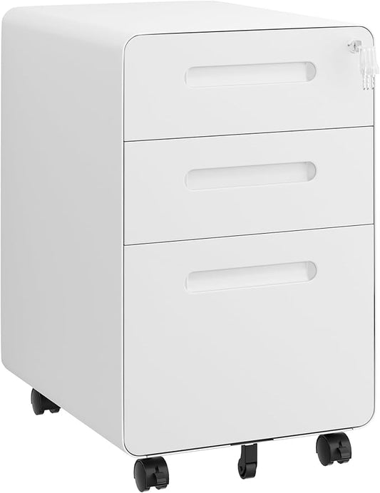 3 Drawers File Cabinet, Mobile Filing Cabinet with Lock, Steel, Fully Assembled Except Casters, for Home Office, for A4, Letter, Legal File Folders, White