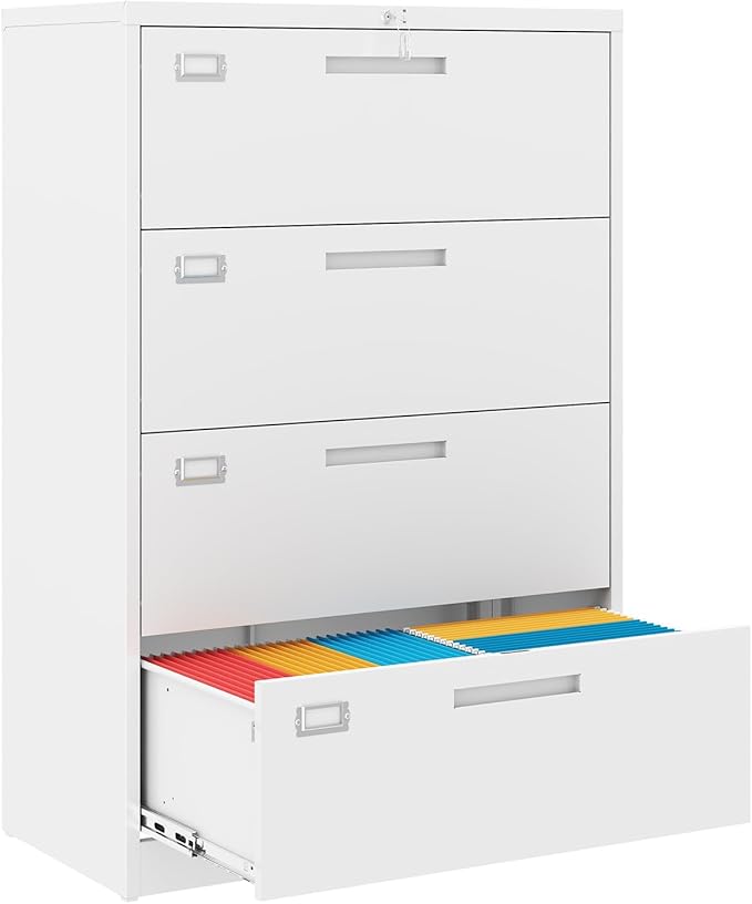 4 Drawer File Cabinet, Locking Lateral Filing Cabinet for Home Office, File Cabinets with Business Card Holder for Letter/Legal/F4/A4 Hanging Files