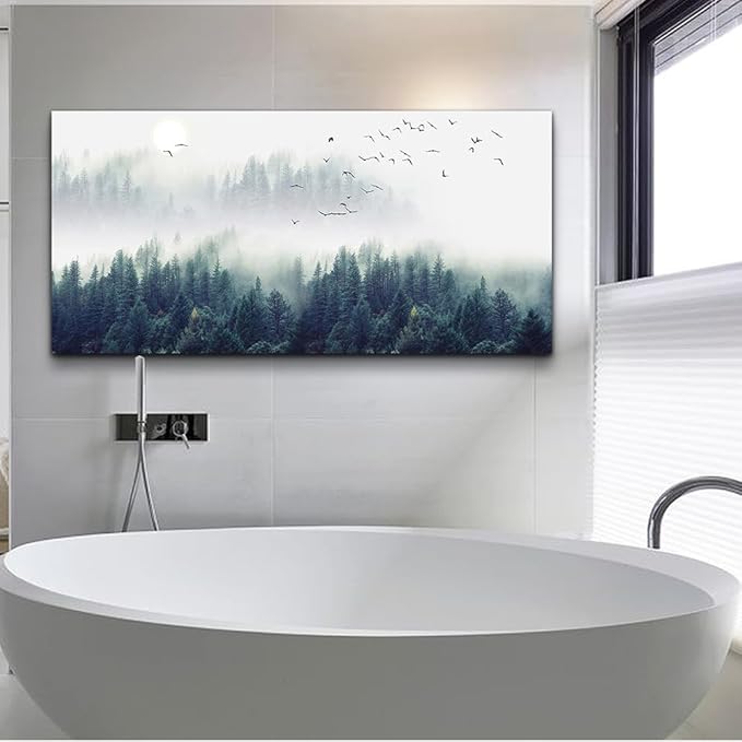 Wapluam Large Canvas Wall Art for Living Room and Bedroom - Modern Home Decor Office Decoration - Fog Forest View Painting Stretched and Framed - Ready to Hang Pictures 48 X 24