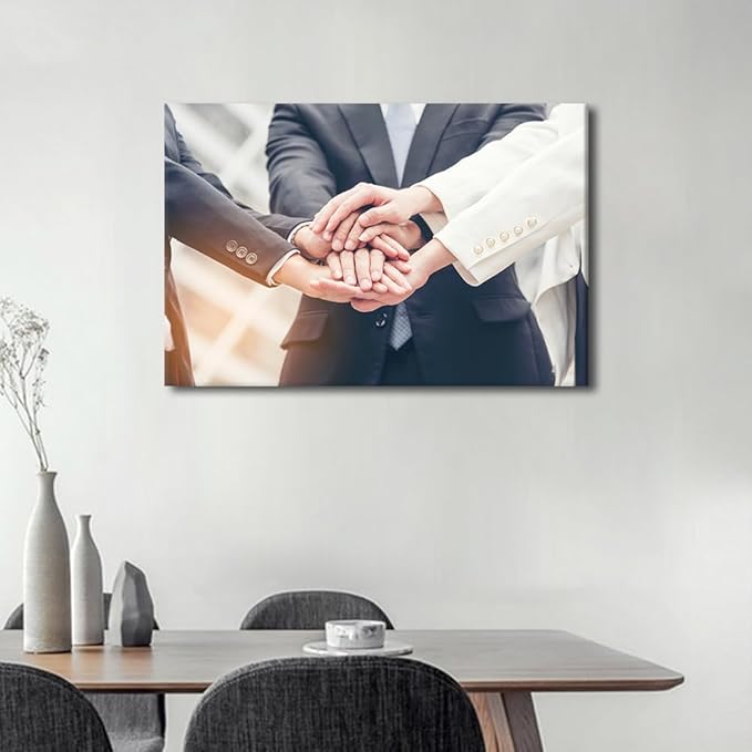 TUMOVO Wall Art For Office Business Teamwork Concept Pictures 1 Panel Stacked Hands Gesture Poster Inspirational Wall Art Positive Modern Decor Poster Canvas Print (16" Wx24 H)