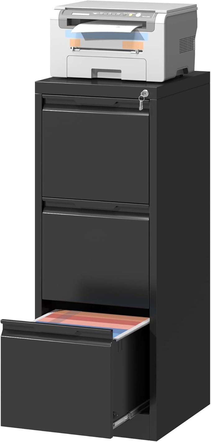 3 Drawer File Cabinet,Filing Cabinets for Home Office, Metal Vertical File Storage with Lock, Locking for A4 Legal/Letter, Assembly Required(Black)