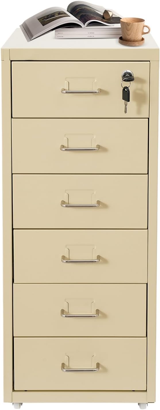 6 Drawer File Cabinet with Lock Vertical Filing Storage Cabinet Home Office Metal Vertical File Cabinets for Letter Legal A4 File Size, Assembly Required (Beige, 6 Drawer)