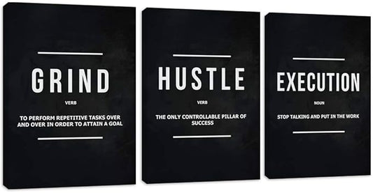 Motivational Office Wall Decor Inspirational Success Canvas Wall Art Hustle Posters Prints Entrepreneur Quote Wall Picture Paintings 3 Pieces Artwork Home Bedroom Framed Easy to Hang(72”Wx36”H)
