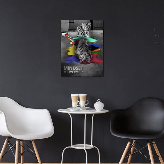 Large Mindset Is Everything Inspirational Giclee Canvas Wall Art Cute Cat and Meek Tiger Colorful Pictures Paintings HD Print Home Office Decor for Bathroom Kitchen Framed Ready to Hang-18x24 inch