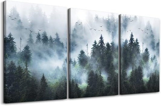 DZRWUBHS Canvas Wall Art - Modern Family Decor For Living Room, Bedroom & Office - Foggy Forest Trees Landscape Wall Painting - 3 Piece Set