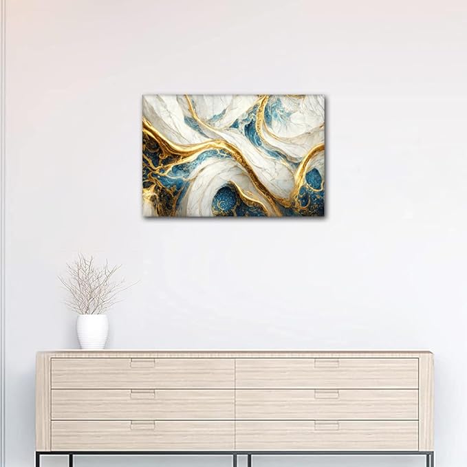 Abstract Canvas Wall Art Decor Blue Gold and White Colors Marble Art Poster Prints Modern 1 Panel Canvas Wall Artwork for Native Americans Living Room Home Decor Stretched Ready to Hang 24x16 in