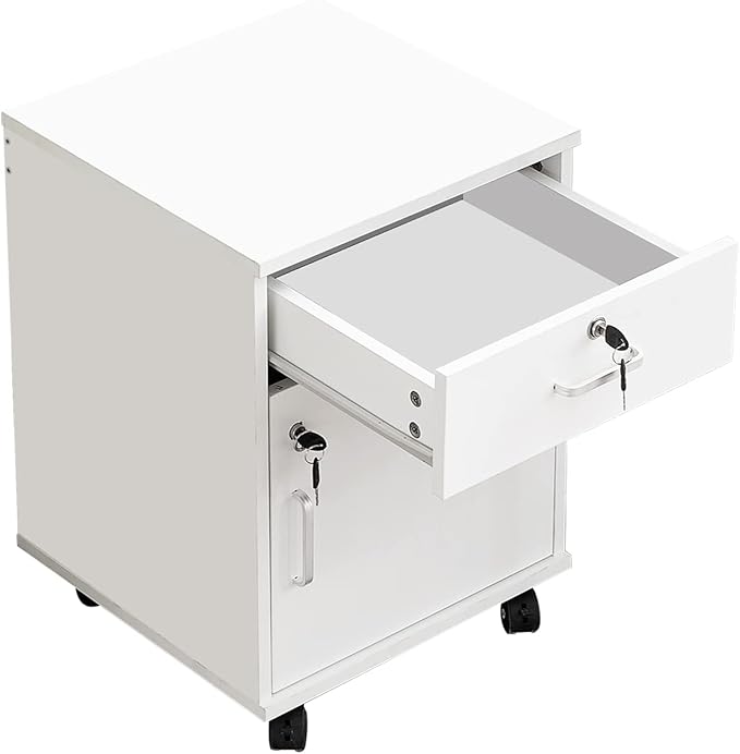 Mobile 2 Drawer File Cabinet with Lock, Wooden Under Desk Filing Cabinet with Wheels, Small Rolling Storage Cabinet for Home Office Organizer A4/Letter Size/Legal, White
