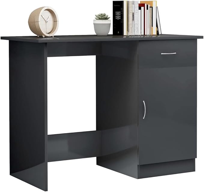 Modern Writing Computer Desk with a Drawer and a Door, Home Office Desk Writing Study Table PC Desk Workstation for Bedroom, High Gloss Gray 39.4"x19.7"x29.9" Engineered Wood(E)