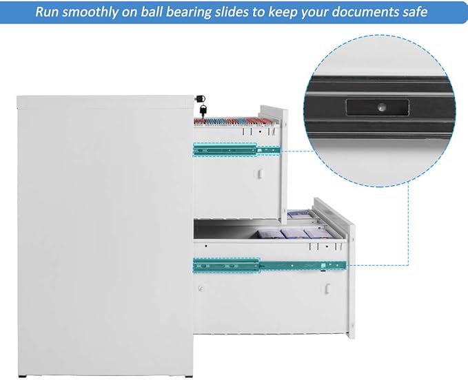 Lateral File Cabinet, 2 Drawer Metal Lockable Filing Cabinet for Commercial Grade Office Legal and Letter File (White)